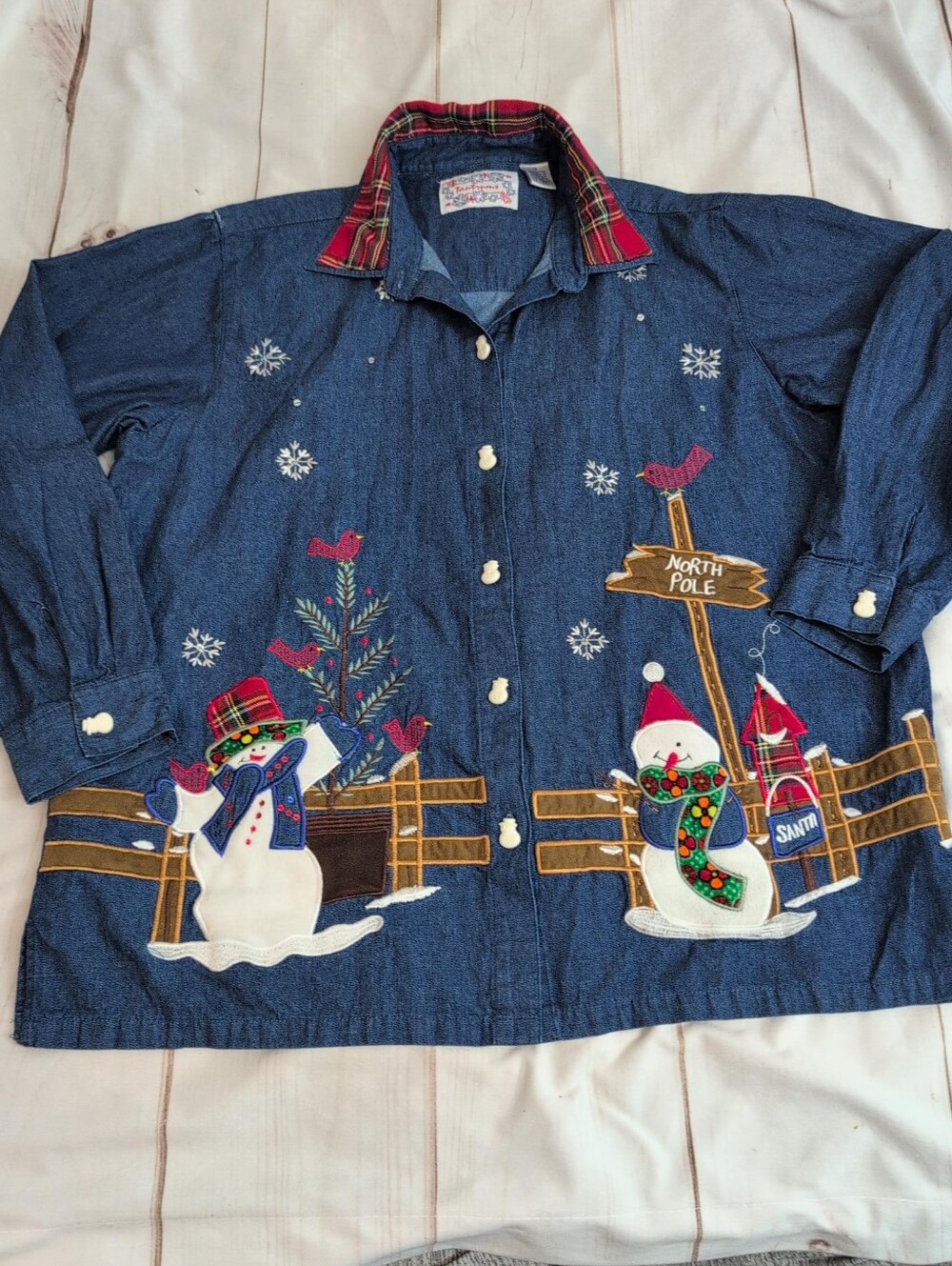 Vintage Tantrums Christmas Denim Shirt 1X Snowman Cardinal North Pole Applique